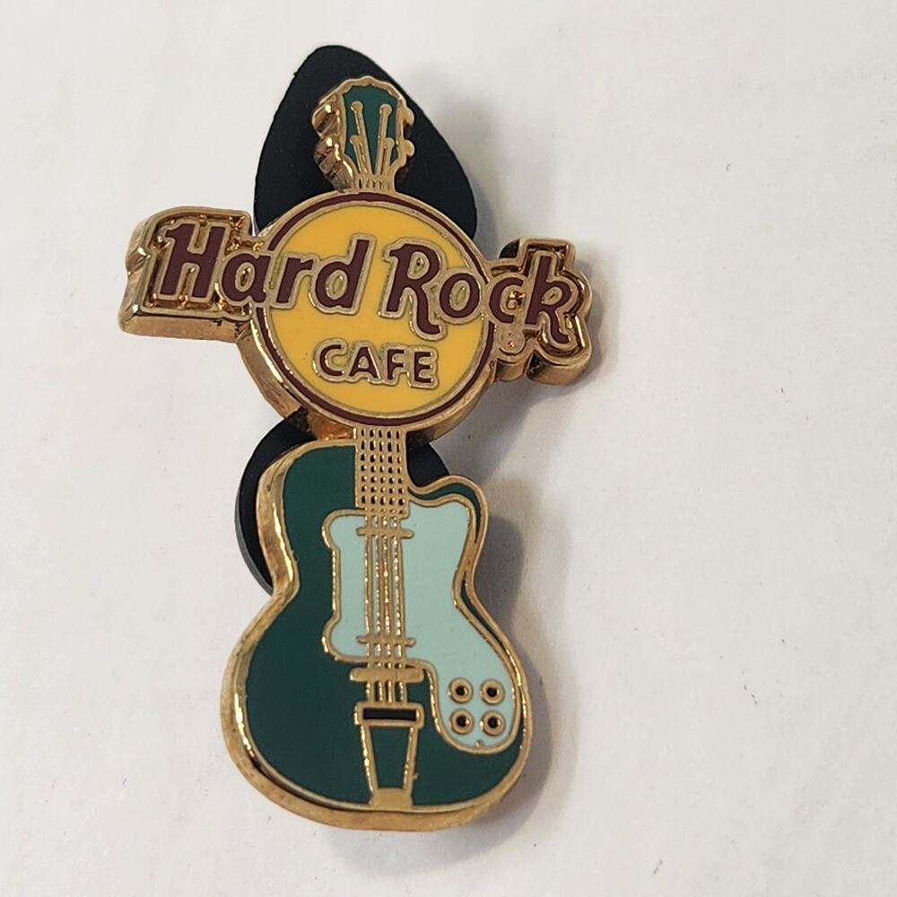 Hard Rock Cafe Teal Green Enamel Gold Tone Guitar Lapel Cap Pin Official